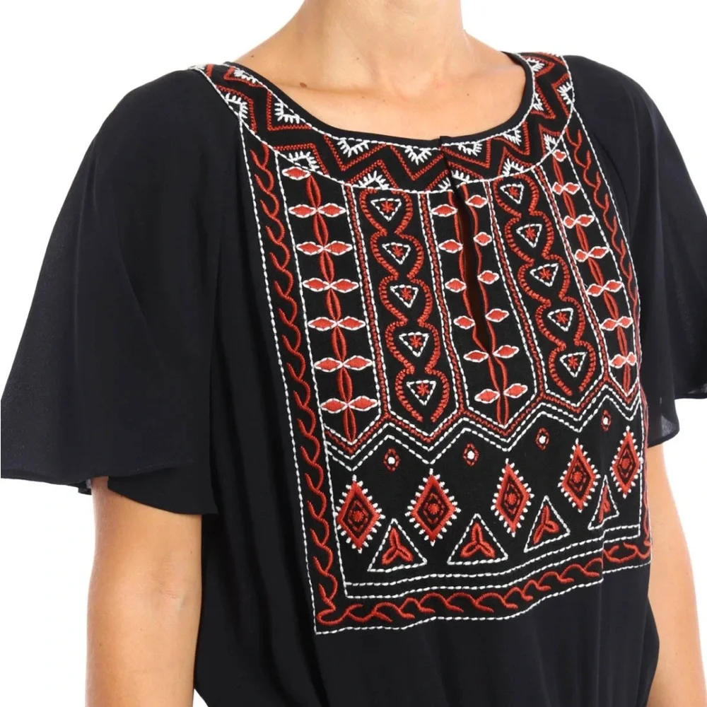 Tory Burch Black Silk Embroidered Boho Mini Dress Flutter Sleeve Sz 0. 30243